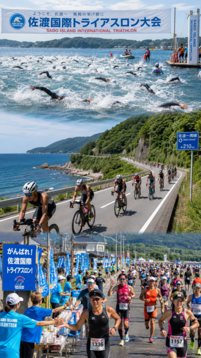 新潟県佐渡市の佐和田海岸で佐渡国際トライアスロン大会が開催され、選手たちが海を泳ぎ自転車とランで佐渡島を駆け抜ける大規模なトライアスロン大会の風景