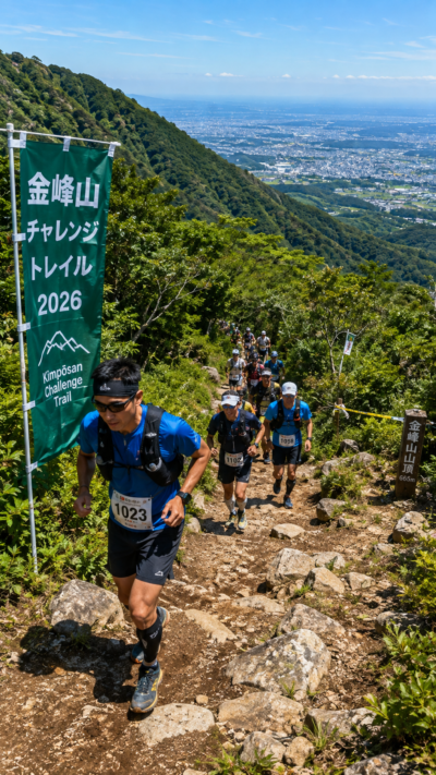 熊本市西区の金峰山で金峰山チャレンジトレイル2026が開催され、選手たちが緑豊かな登山道を走りながら山頂を目指すトレイルランニング大会の風景