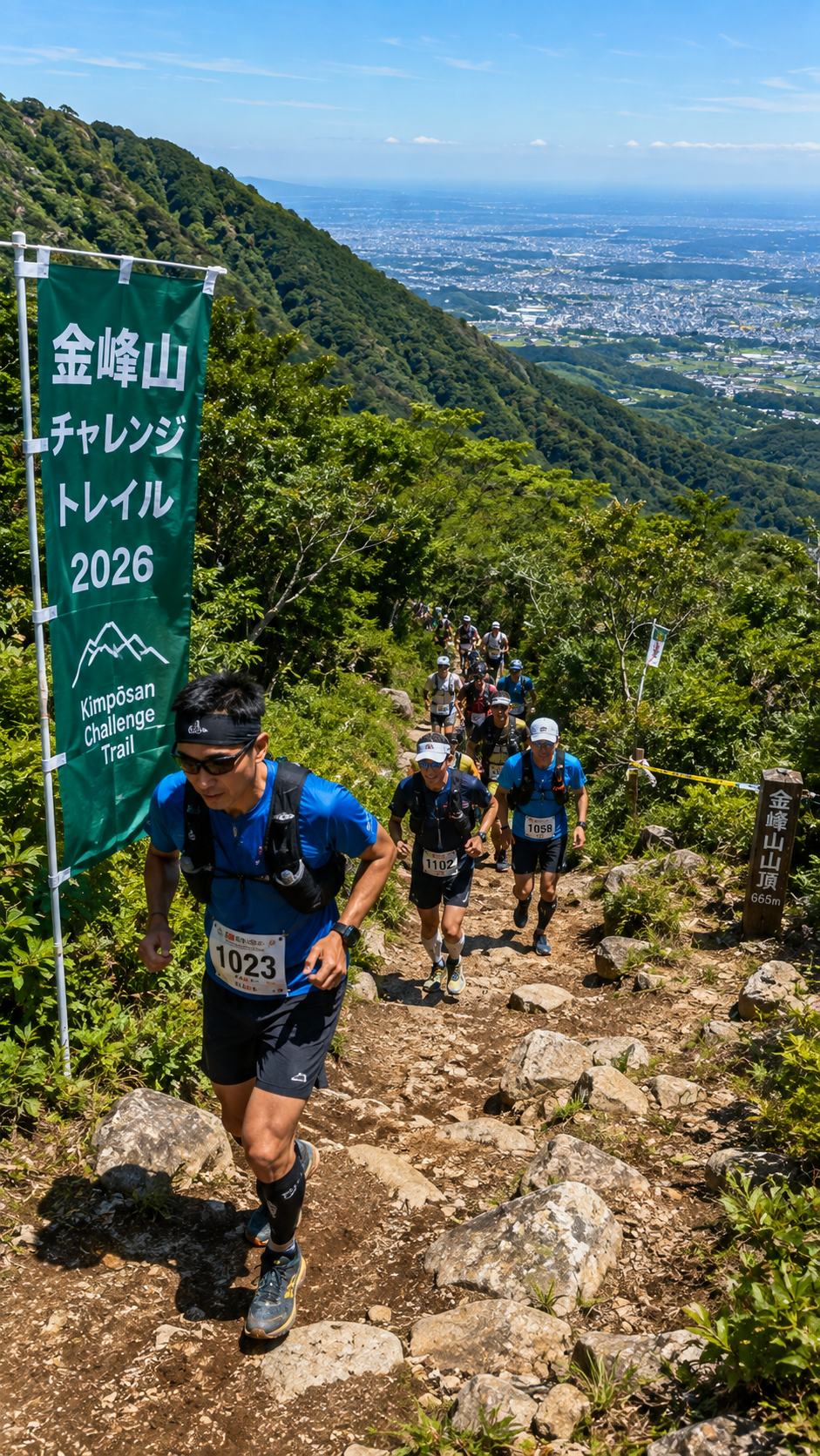 熊本市西区の金峰山で金峰山チャレンジトレイル2026が開催され、選手たちが緑豊かな登山道を走りながら山頂を目指すトレイルランニング大会の風景