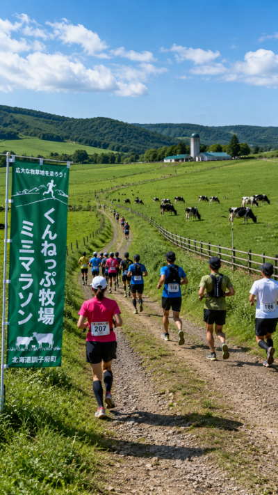 北海道訓子府町の共同利用模範牧場でくんねっぷ牧場ミニマラソンが開催され、広大な牧草地の未舗装コースをランナーが走る風景