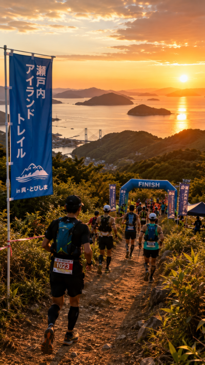 広島県呉市上蒲刈島で瀬戸内アイランドトレイルが開催され、選手たちが瀬戸内海の島々を望む山道を走りながら夕日の時間帯のゴールを目指すトレイルランニング大会の風景