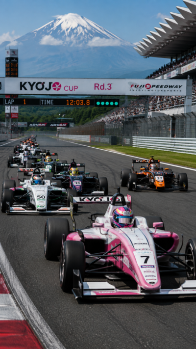 静岡県小山町の富士スピードウェイでKYOJO CUP Rd.3が開催され、女性ドライバーたちがフォーミュラカーで激しいレースを繰り広げるモータースポーツの風景