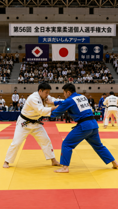 大阪府堺市の大浜だいしんアリーナで第56回全日本実業柔道個人選手権大会が開催され、実業団の柔道選手たちが畳の上で激しい組み手争いを繰り広げる大会の風景