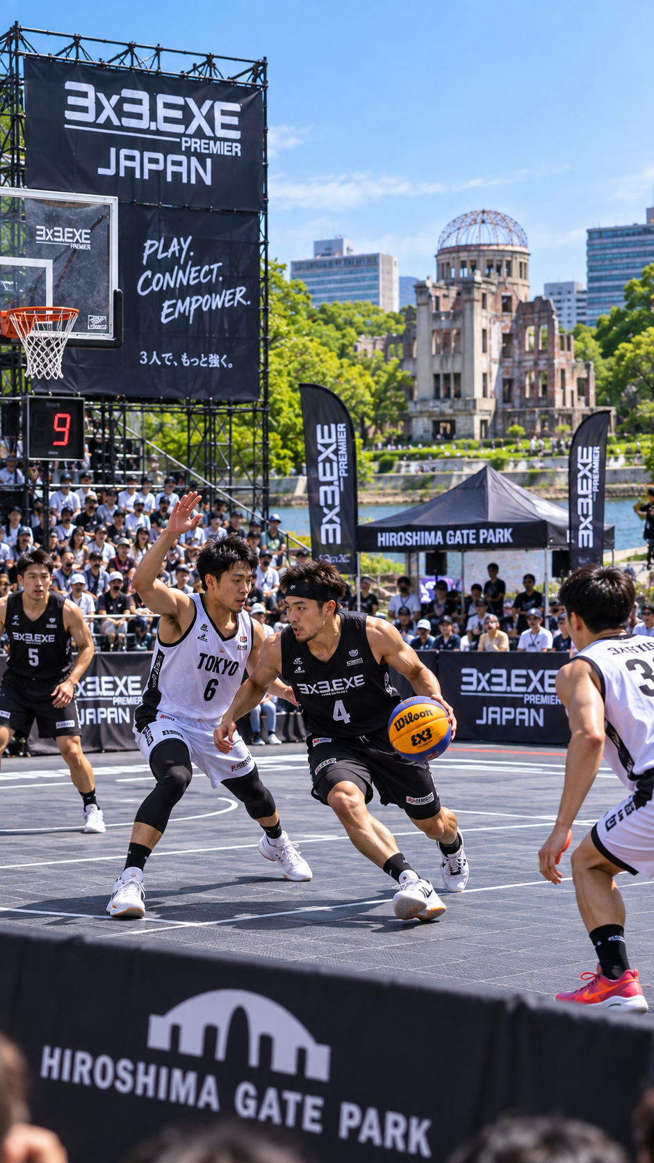 広島県広島市のひろしまゲートパークで3x3.EXE PREMIER JAPAN男子ROUND8が開催され、3人制バスケットボールの選手たちが屋外コートで激しい試合を繰り広げる風景