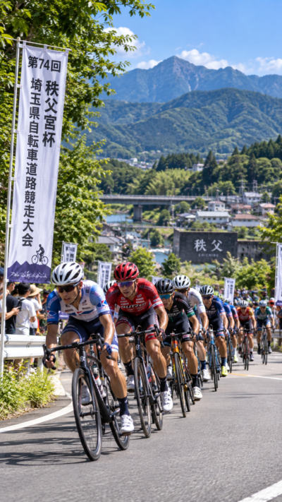 埼玉県秩父市の特設コースで第74回秩父宮杯埼玉県自転車道路競走大会が開催され、ロードバイクの選手たちが秩父の自然に囲まれた公道を集団で駆け抜けるロードレースの風景