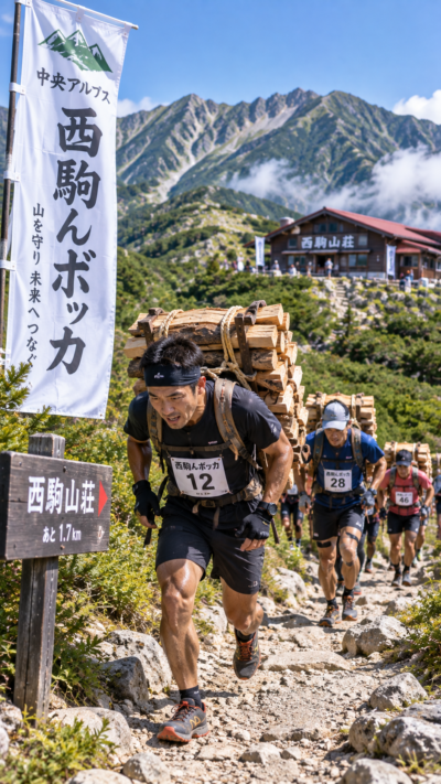 長野県伊那市の中央アルプスで西駒んボッカが開催され、薪を背負った参加者たちが山道を登りながら西駒山荘を目指す山岳レースの風景