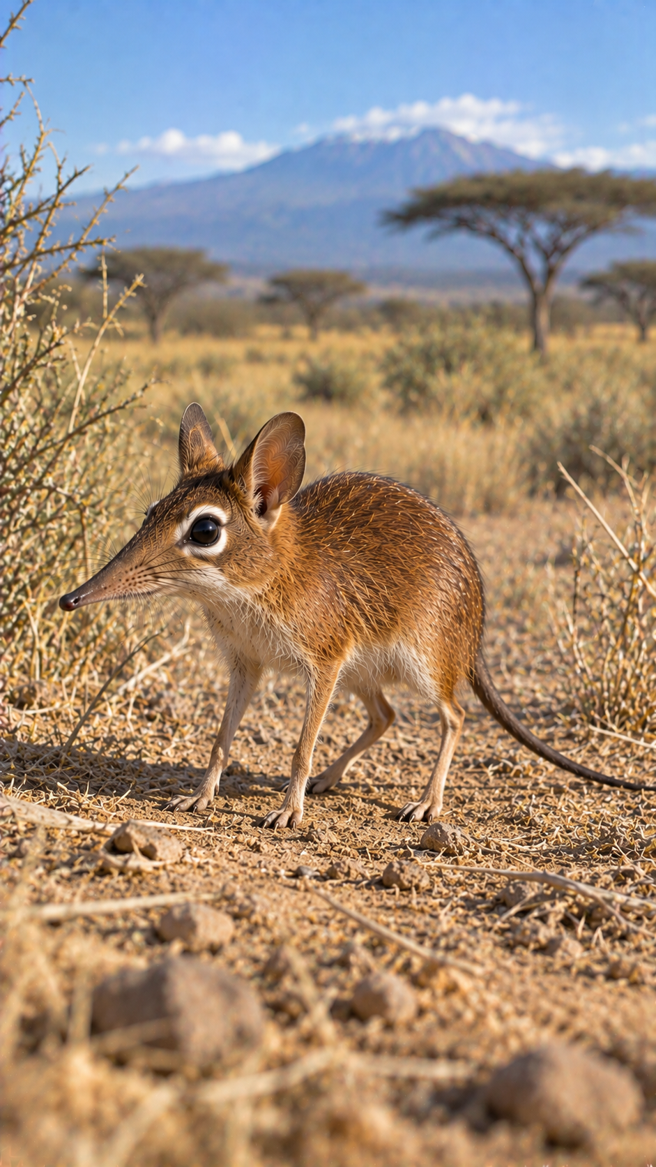 アフリカ東部の乾燥したサバンナでアカハネジネズミが地面に立ち、赤褐色の体毛、細長く尖った鼻、大きな耳、目の周囲の白い模様、長い脚と尾を見せながら周囲を警戒する野生の風景