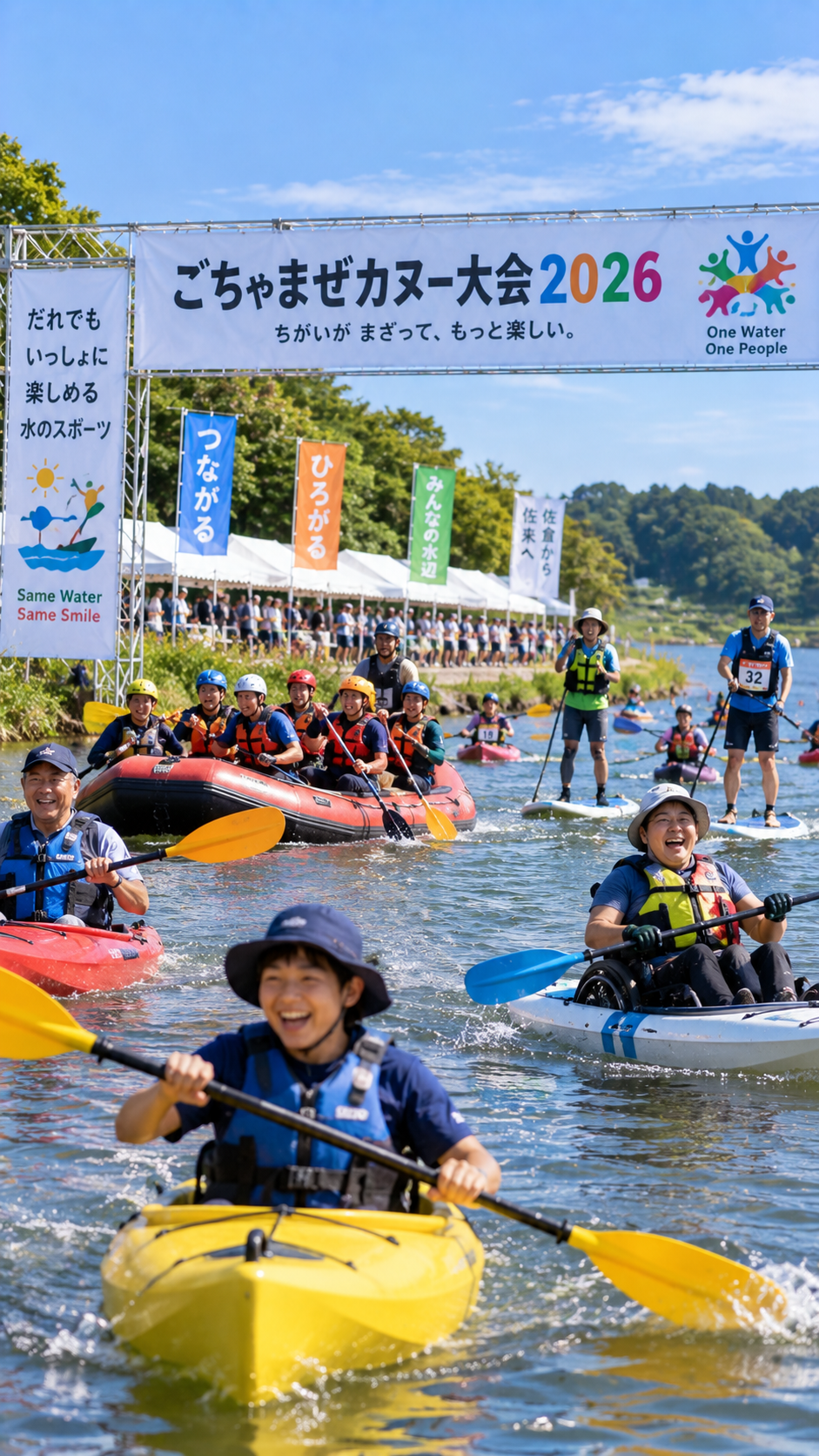 千葉県佐倉市の印旛沼でごちゃまぜカヌー大会2026が開催され、障がいの有無や世代を超えた参加者がカヌーやSUP、ラフティングボートで水上競技を楽しむ風景