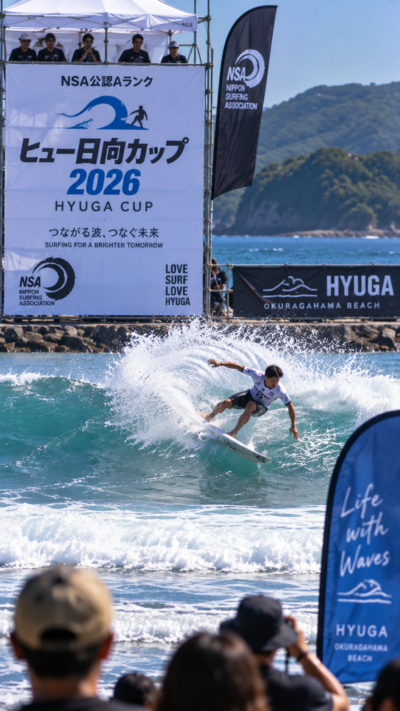宮崎県日向市のお倉ケ浜でヒュー日向カップ2026が開催され、サーファーたちが波に乗りながら迫力あるライディングを披露するNSA公認サーフィン大会の風景