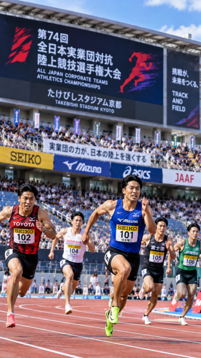 京都府京都市のたけびしスタジアム京都で全日本実業団対抗陸上競技選手権が開催され、実業団のトップアスリートがトラックを疾走しながら激しい競争を繰り広げる陸上競技大会の風景
