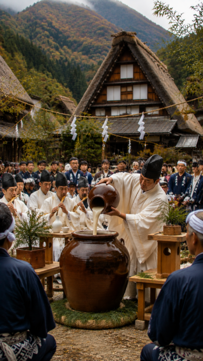 岐阜県白川村の合掌造り集落で行われる白川郷どぶろく祭の伝統行事風景