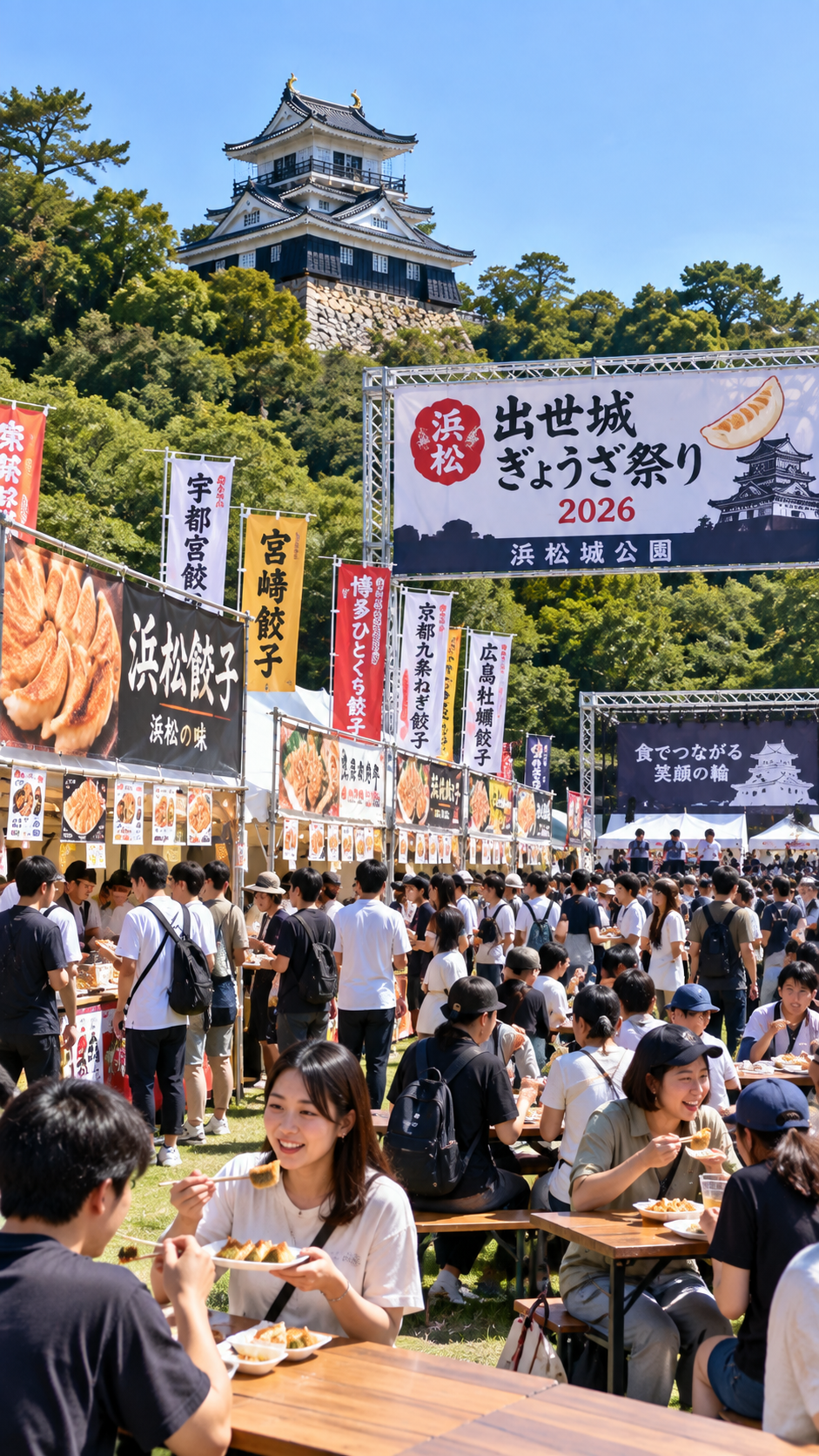 静岡県浜松市の浜松城公園で浜松出世城ぎょうざ祭り2026が開催され、全国の餃子店が並ぶ会場で多くの来場者が浜松餃子やご当地餃子を食べ比べるグルメイベントの風景