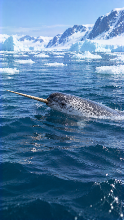 北極海の冷たい海でイッカクが泳ぎ、長く螺旋状にねじれた1本の牙、白灰色の斑点模様、丸みのある頭、短い吻、背びれのない滑らかな背中を見せながら海面近くを進む野生の風景