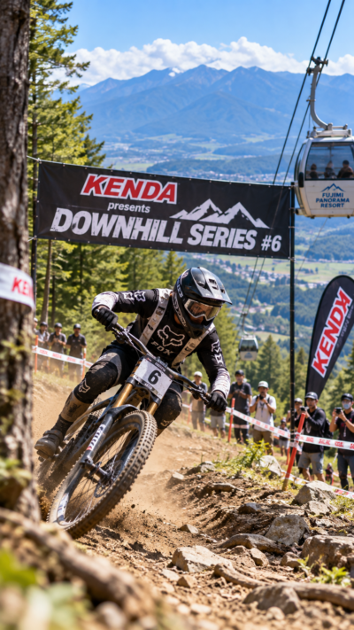 長野県富士見町の富士見パノラマリゾートでKENDA presents DOWNHILL SERIES #6が開催され、マウンテンバイクのライダーが山岳コースの急斜面や高速コーナーを猛スピードで駆け下りるダウンヒルレースの風景