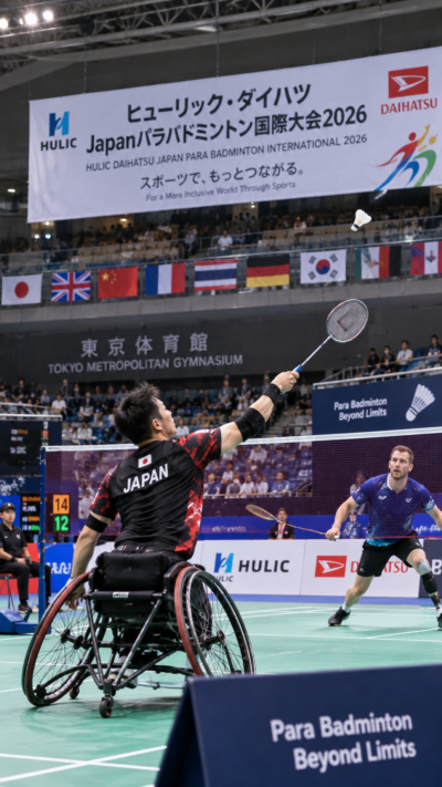 東京都渋谷区の東京体育館でヒューリック・ダイハツ Japanパラバドミントン国際大会2026が開催され、パラバドミントン選手がコート上で激しいラリーやスマッシュを繰り広げる国際大会の風景