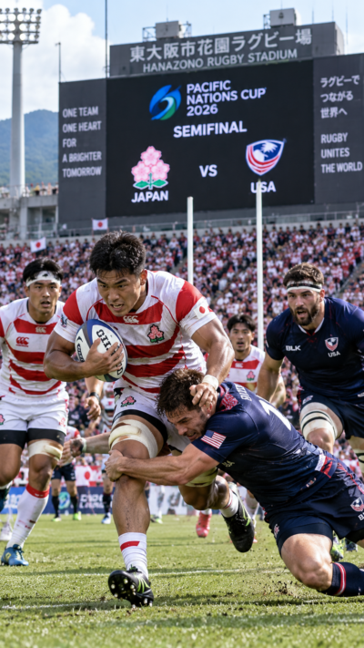 大阪府東大阪市の花園ラグビー場でパシフィックネーションズカップ2026準決勝が開催され、日本代表とアメリカ代表のラグビー選手が激しいタックルやボール争いを繰り広げる国際大会の風景