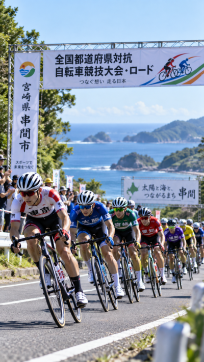 宮崎県串間市の特設ロードレースコースで全国都道府県対抗自転車競技大会・ロードが開催され、都道府県代表のロードレーサーが集団で高速走行しながら激しい順位争いを繰り広げる自転車競技の風景