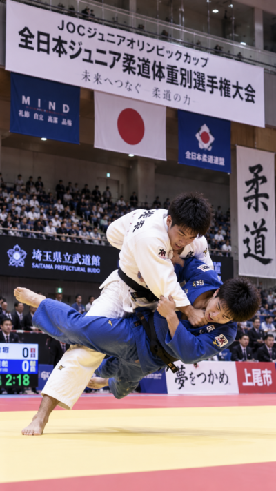 埼玉県上尾市の埼玉県立武道館で全日本ジュニア柔道体重別選手権大会が開催され、若手柔道選手が畳の上で激しい組み手や投げ技を繰り広げる全国柔道大会の風景