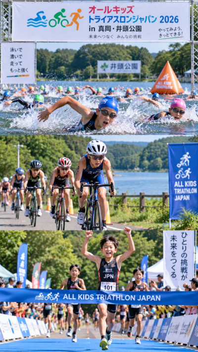 栃木県真岡市の井頭公園でオールキッズトライアスロンジャパン2026が開催され、小中学生の選手がスイム、バイク、ランの3種目に挑戦しながらゴールを目指すキッズトライアスロン大会の風景