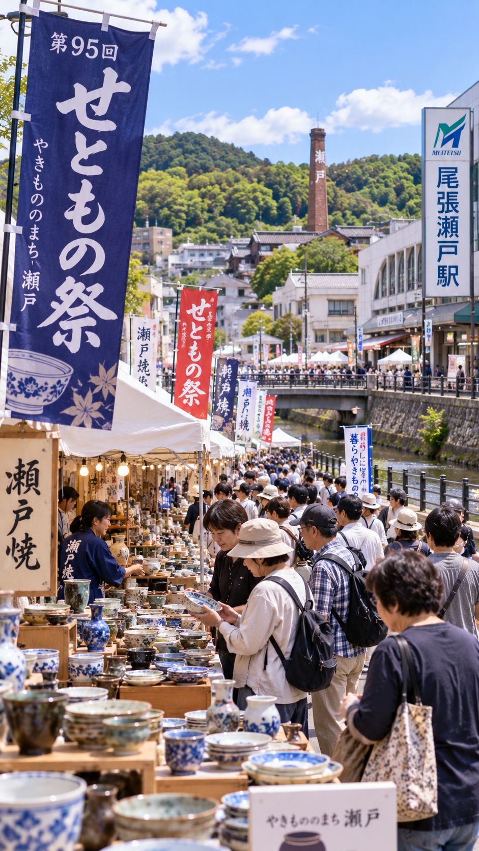 愛知県瀬戸市の尾張瀬戸駅周辺で第95回せともの祭が開催され、瀬戸川沿いに約200軒の陶磁器店が並び、多くの来場者が瀬戸焼や陶器を買い求める全国最大級の陶磁器イベントの風景