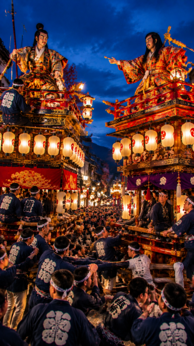 秋田県仙北市角館町の歴史ある町並みを進む豪華な曳山と伝統祭りの風景