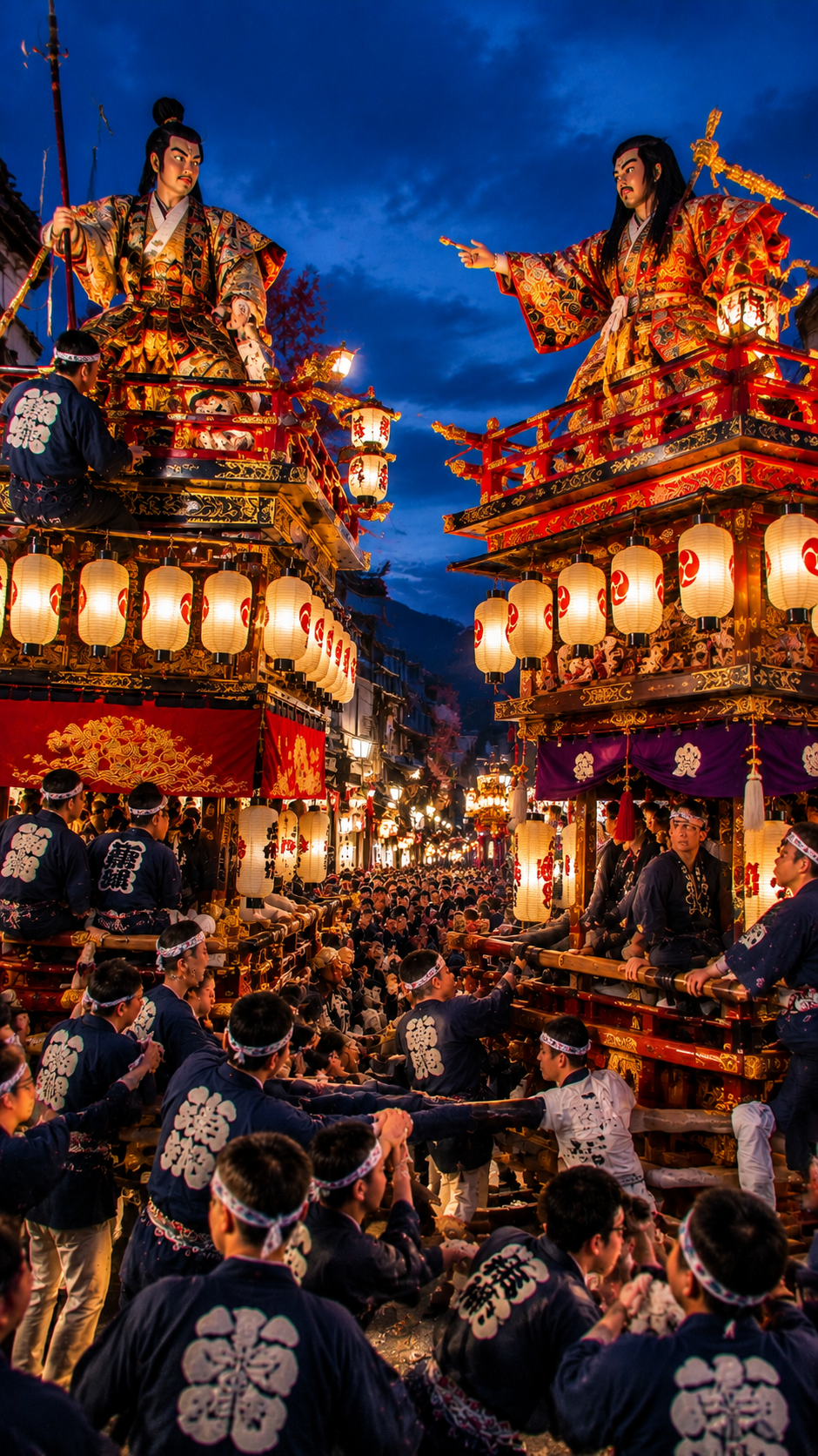 秋田県仙北市角館町の歴史ある町並みを進む豪華な曳山と伝統祭りの風景