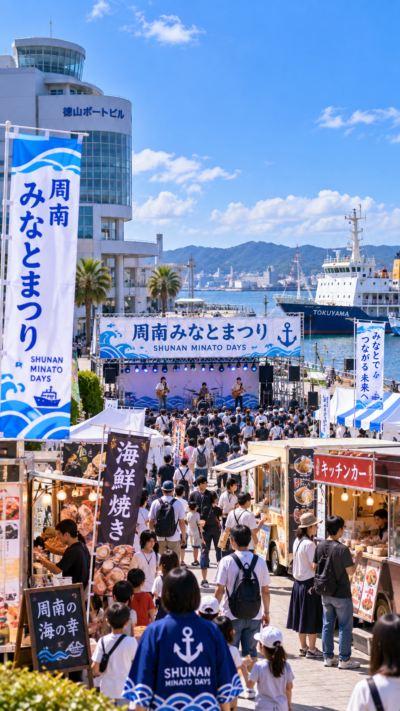 山口県周南市の徳山ポートビル周辺で周南みなとまつりが開催され、港を背景に飲食ブースやキッチンカー、ステージイベント、体験ブースなどを楽しむ多くの来場者で賑わう港のイベント風景