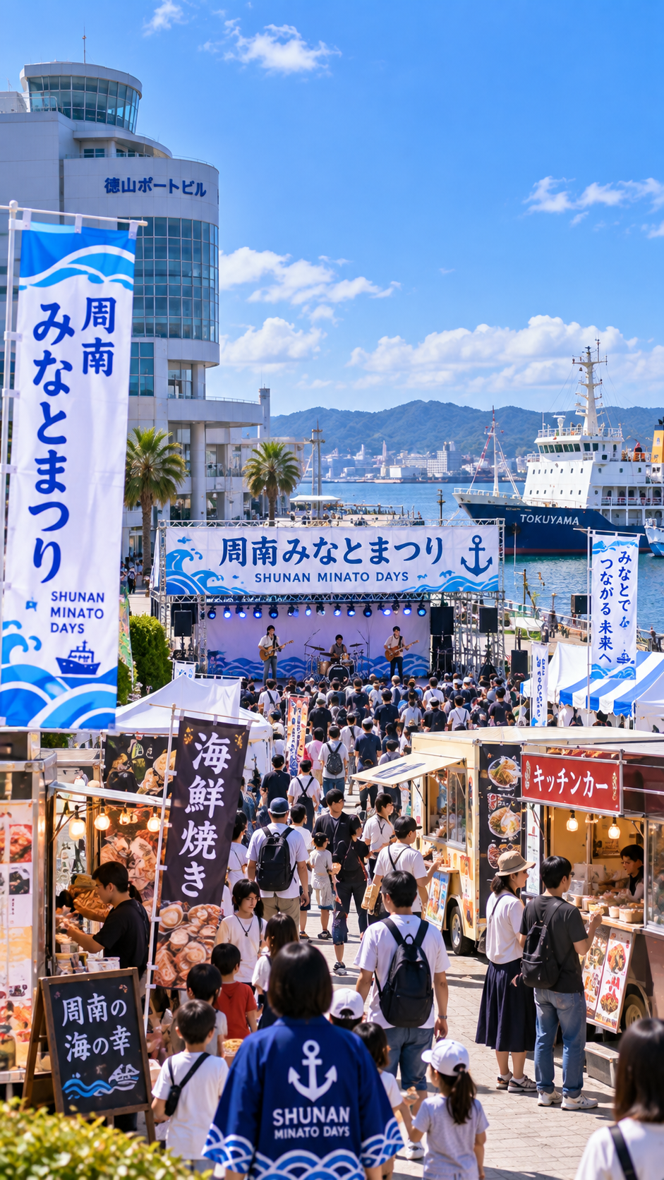山口県周南市の徳山ポートビル周辺で周南みなとまつりが開催され、港を背景に飲食ブースやキッチンカー、ステージイベント、体験ブースなどを楽しむ多くの来場者で賑わう港のイベント風景