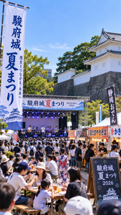 静岡県静岡市の駿府城公園で駿府城夏まつり2026が開催され、音楽ステージや飲食ブース、体験企画などを楽しむ多くの来場者で賑わう夏のイベント風景