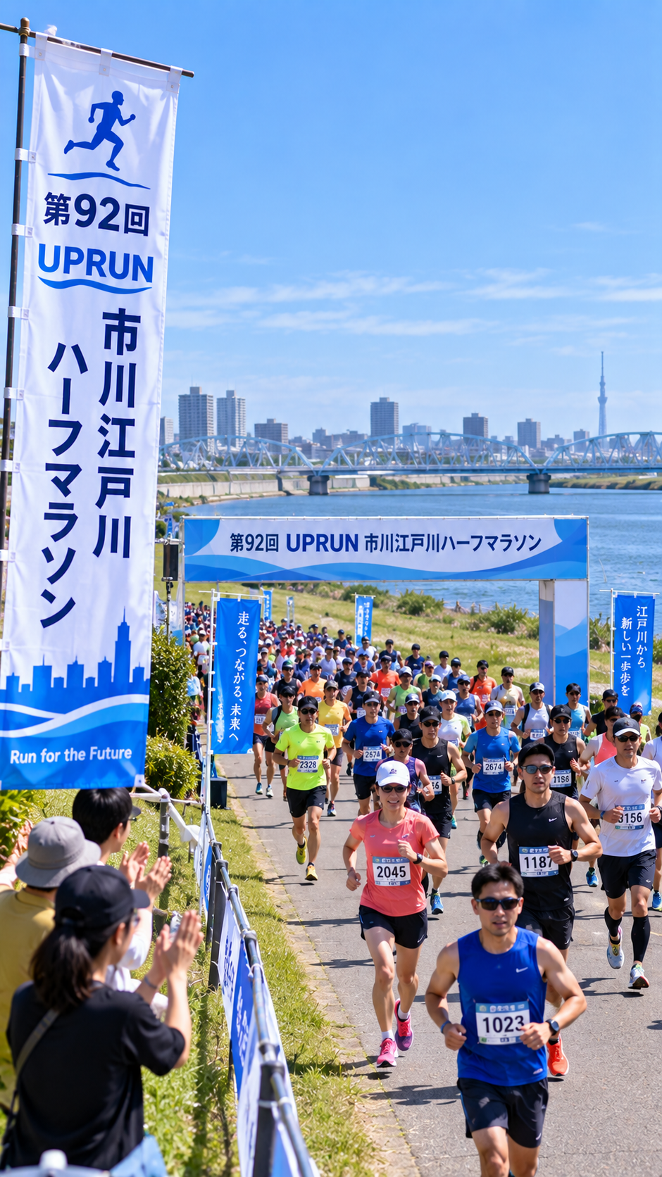 千葉県市川市の江戸川河川敷で第92回UPRUN市川江戸川ハーフマラソンが開催され、多くのランナーが川沿いのコースを走りゴールを目指すランニング大会の風景