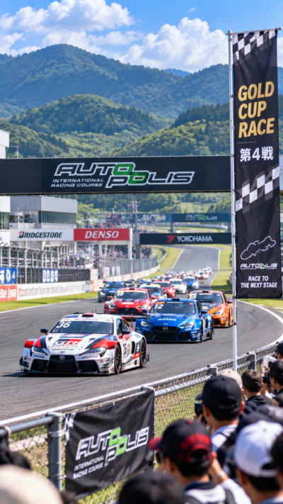 大分県日田市のオートポリスでゴールドカップレース第4戦が開催され、レーシングカーがサーキットの高速コーナーやストレートを駆け抜け、激しい順位争いを繰り広げるモータースポーツの風景