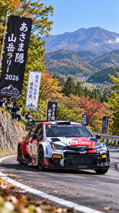 群馬県吾妻郡の山岳コースであさま隠山岳ラリー2026が開催され、ラリーカーが舗装された山道の高速コーナーを駆け抜けながらタイムを競うモータースポーツの風景