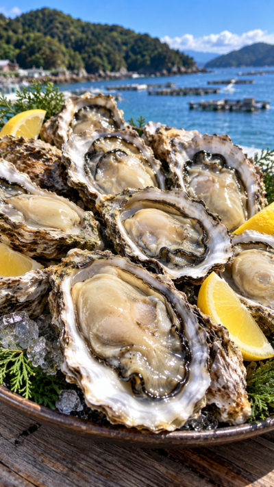 皿にギッシリと盛られた天然の殻付き牡蠣、殻から零れそうな程に牡蠣の身がプリプリしている風景
