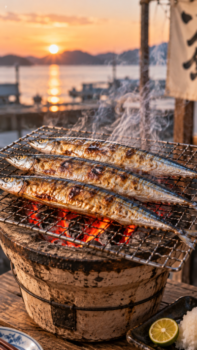 七輪に乗せられて、炭火で香ばしく焼きあげられ脂の乗った秋刀魚の風景