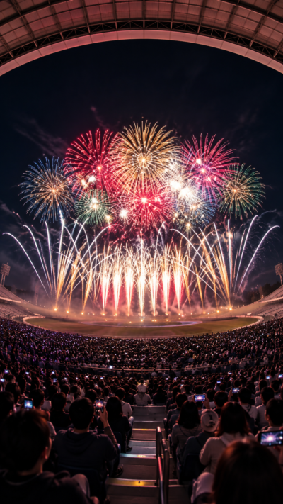 札幌の大和ハウス プレミストドーム周辺の夜空に色鮮やかな花火が一斉に打ち上がり、音楽と光がシンクロする道新・秋華火の迫力ある風景