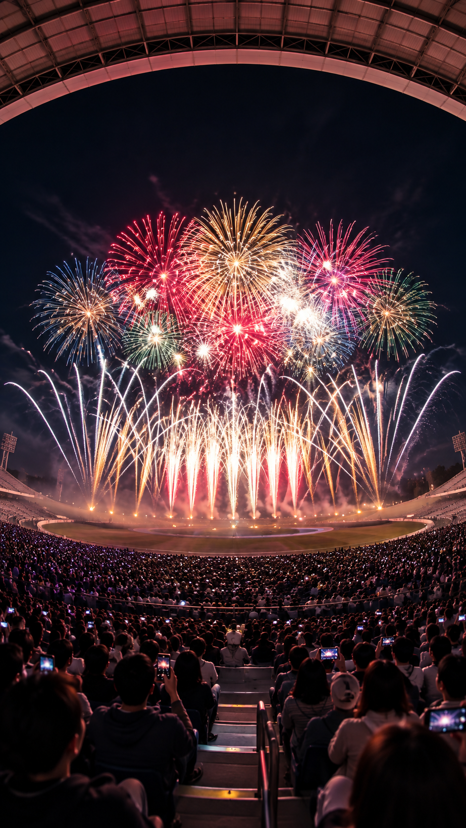 札幌の大和ハウス プレミストドーム周辺の夜空に色鮮やかな花火が一斉に打ち上がり、音楽と光がシンクロする道新・秋華火の迫力ある風景