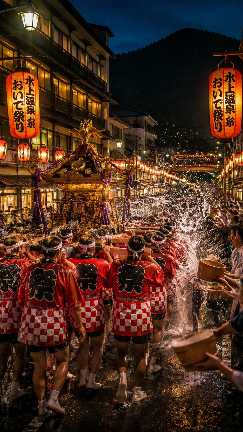 群馬県みなかみ町の水上温泉街で行われるおいで祭りの神輿と提灯が彩る夜の風景