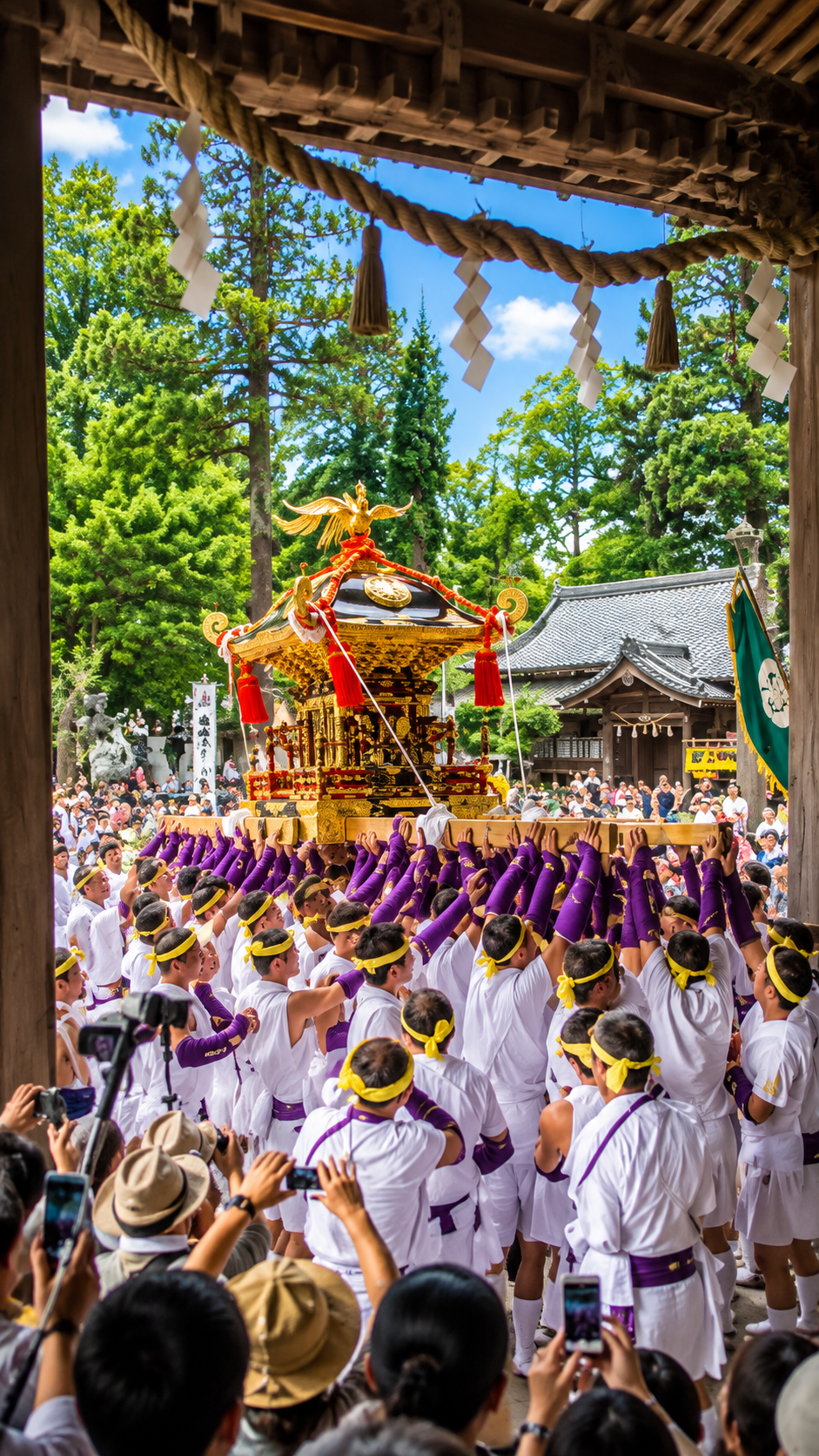 千葉県館山市の鶴谷八幡宮に豪華な神輿や山車が集まり、白装束の担ぎ手たちが神輿を担ぐ安房国司祭やわたんまちの勇壮な祭り風景