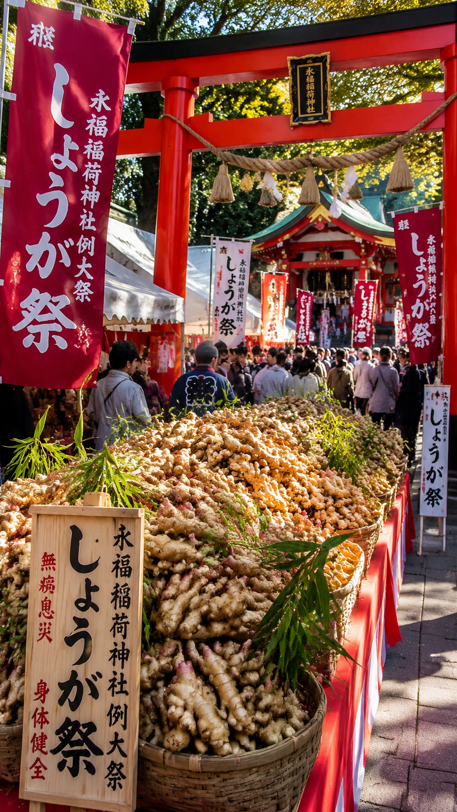 東京都八王子市の永福稲荷神社で行われるしょうが祭と生姜奉納の伝統行事風景