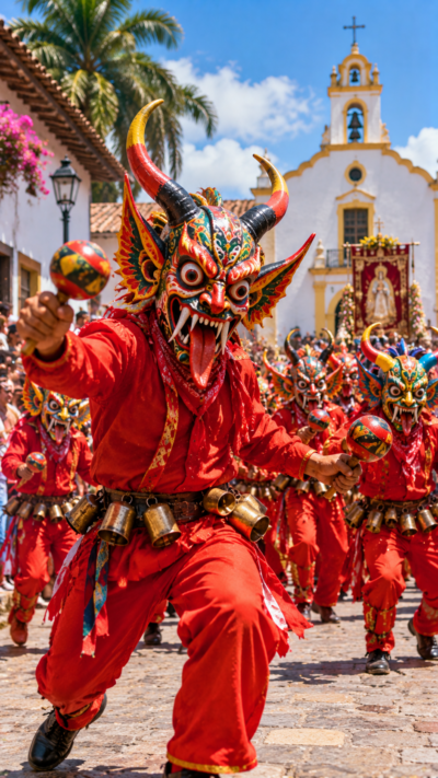 ベネズエラのサン・フランシスコ・デ・ヤレでヤレの踊る悪魔が行われ、赤い衣装とカラフルな仮面をまとった踊り手たちがマラカスや鐘の音に合わせて街を踊る伝統行事の風景