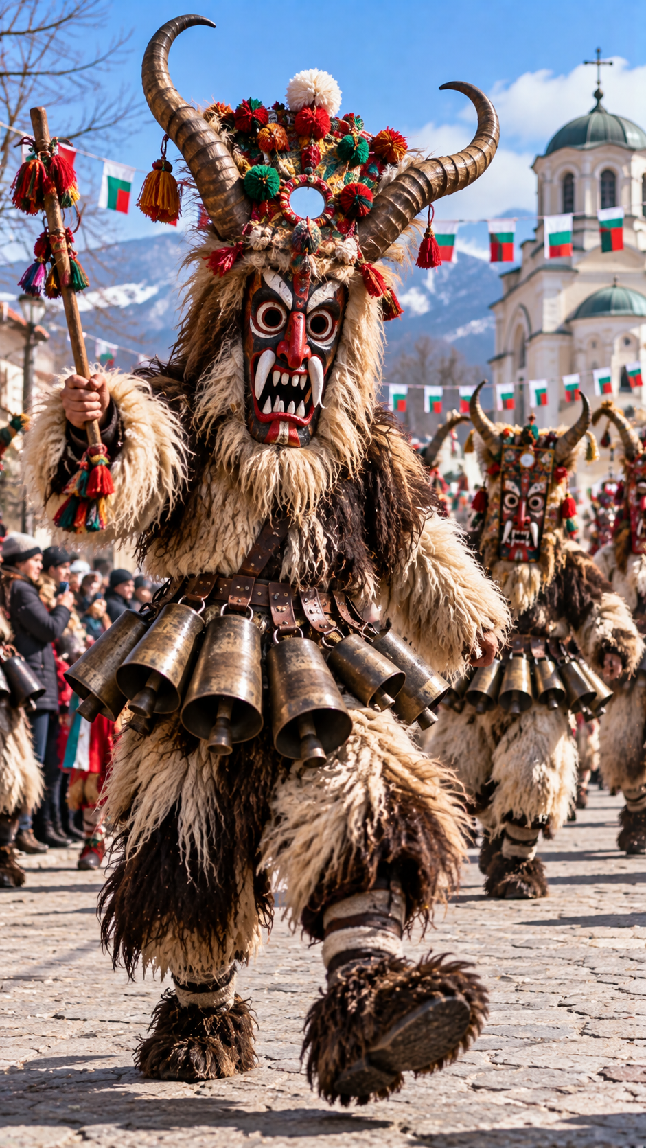 ブルガリアのクケリで巨大な仮面と毛皮の衣装をまとった踊り手たちが大きな鐘を鳴らしながら街を練り歩き、悪霊払いと豊作を願う伝統行事の風景