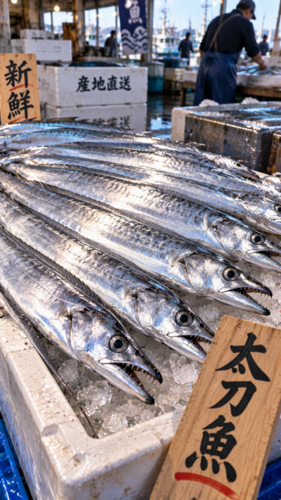 魚市場に銀色に輝く太刀魚が並び、細長く平たい刀のような体と鋭い頭部が見える日本の代表的な魚の風景