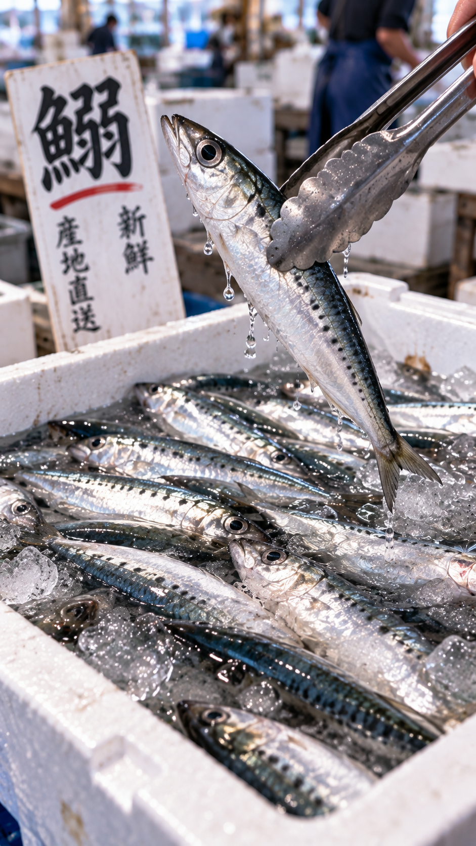 発泡スチロールの箱に入った氷水に入れられたたくさんの鰯の中から、一匹がトングで持ち上げられている風景