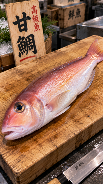 木製の大きなまな板の上に大きな甘鯛一匹が乗せられている。赤みを帯びた細長い魚体と大きな目、淡い銀白色の腹部が見える日本の高級魚の風景