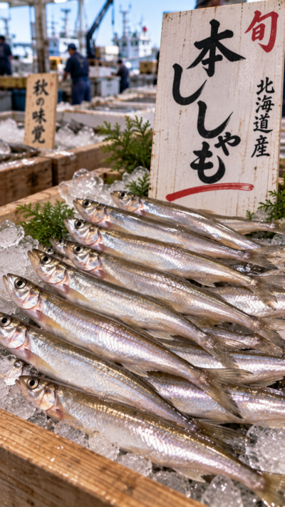 魚市場に北海道産の新鮮な本ししゃもが並び、細長い銀白色の魚体と小さな頭、透明感のあるひれが見える秋の風景