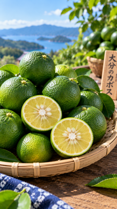 ざるに積み上げられた美しい緑色のカボス。半分に切られた瑞々しい断面が美しい風景