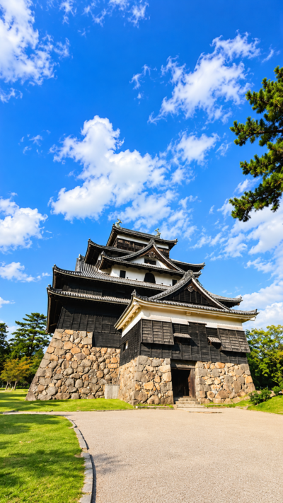 島根県松江市の石垣と堀に囲まれた黒い国宝天守の松江城が青空の下にそびえる風景