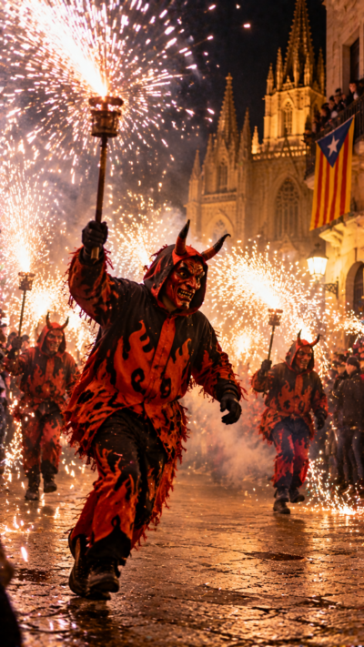 スペイン・カタルーニャ地方の街でコレフォックが行われ、悪魔の衣装をまとった参加者が火花を噴き出す花火を手に夜の通りを駆け回る伝統的な火祭りの風景