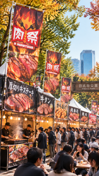 東京都の日比谷公園で肉祭が開催され、肉料理の屋台や飲食ブースに多くの来場者が集まる秋のグルメイベント風景