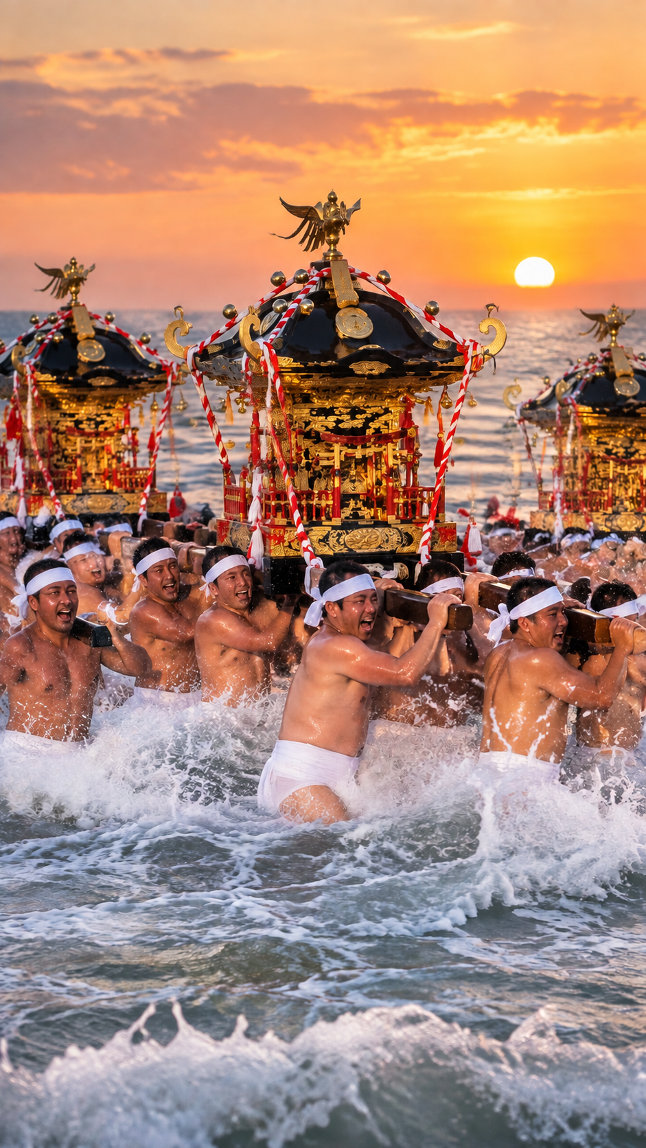 千葉県いすみ市大原地区の大原はだか祭りで、白い下帯姿の担ぎ手たちが神輿を担ぎ海岸を進み、波しぶきの中で伝統神事を行う秋祭りの風景